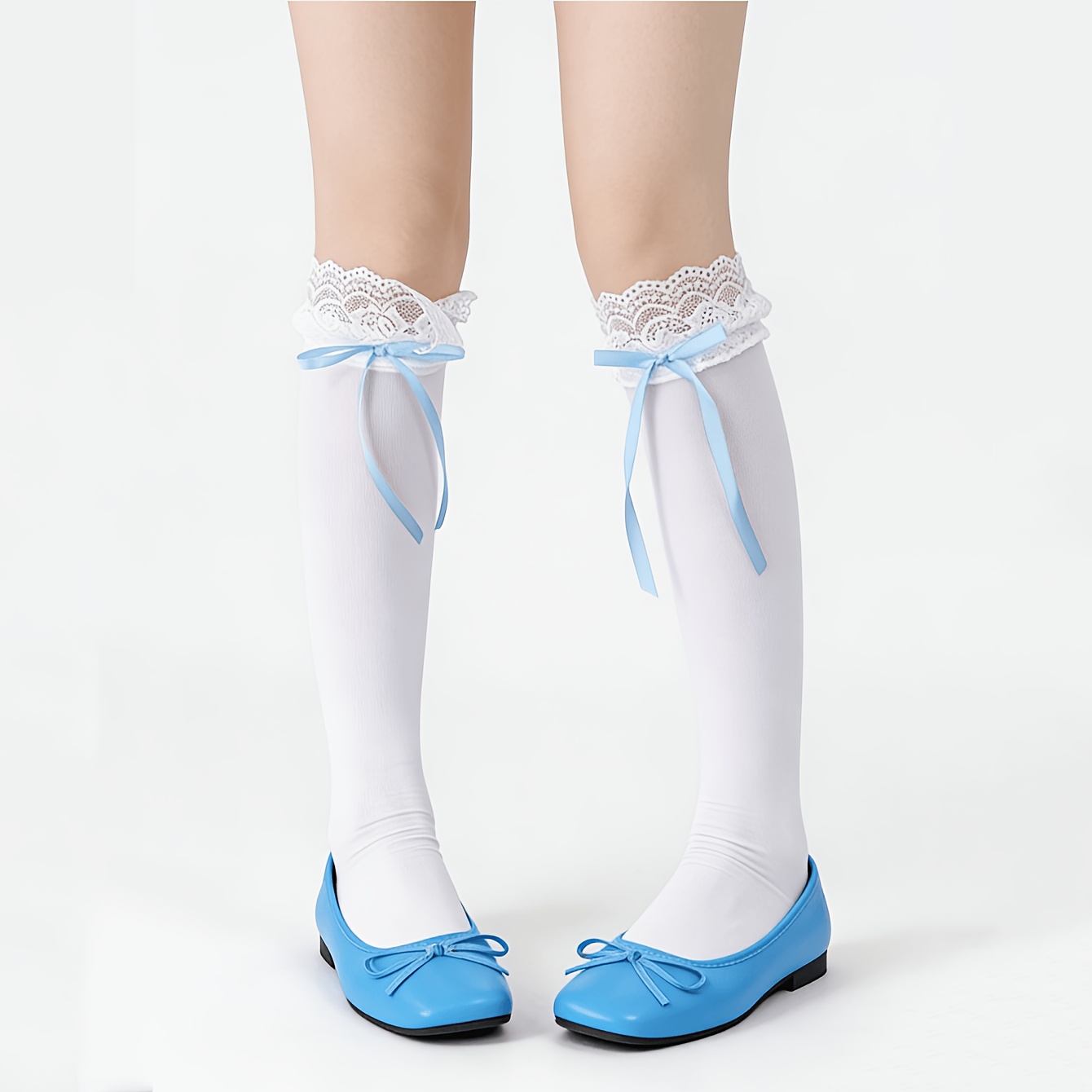 TEMU 1 Pair / Blue / Pink And White / Wearable Sweet And Versatile Lace Trim Spliced Bow-topped Slouchy Long Socks