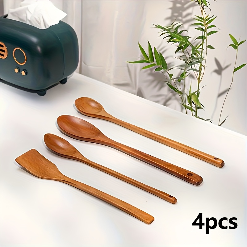 E-shop 3er/4er Set Japanische Holzlöffel mit langem Griff, 33 cm/12,99 Zoll, Verlängerter zum Rühren und Kochen, Holzlöffel für Beilagen, Isolierter
