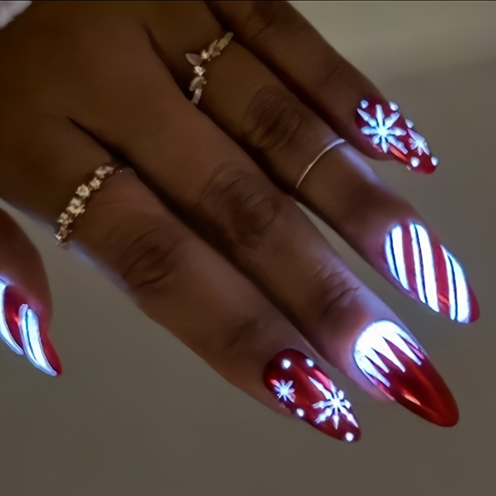 TEMU 30pcs Glow In Dark Press On Nails Suitable For Holiday Party Manicure - Luminous Red Almond False Nail Tips With Candy Cane & Snowflake Designs,