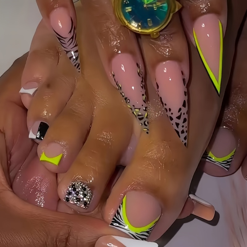 TEMU A Set Of 48 Long Almond-shaped Press-on Nails For Hands And Feet, Featuring Fashionable Stripes, Sweet And Edgy Leopard Print, And Luxurious