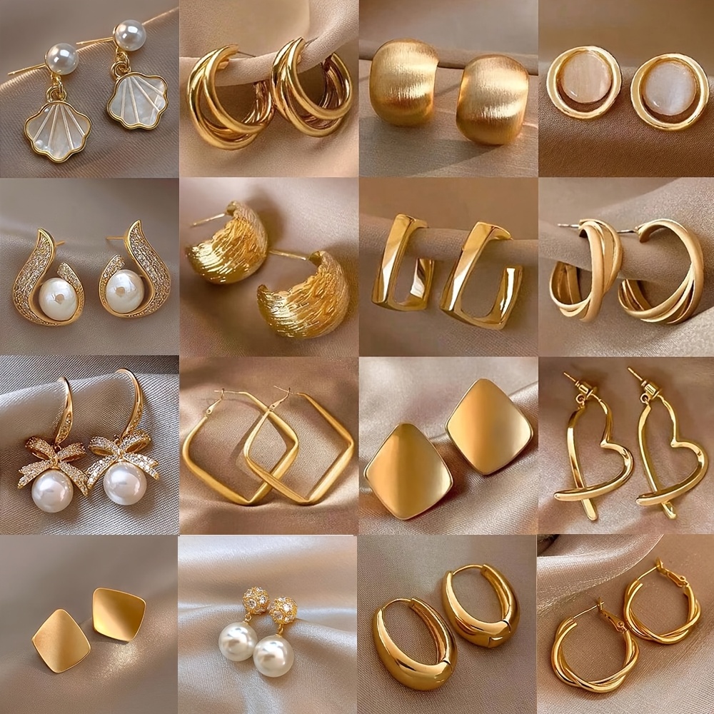 TEMU Random 5 Pairs Vintage Fashion Golden Geometric Shell Pearl Frosted Metal Heart Earrings Women's Elegant Temperament Light Luxury Style Ear