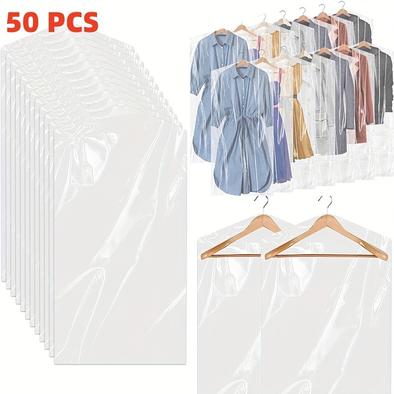 

50pcs Clear Plastic Garment Covers, Dry Cleaning Disposable Suit Bags, Dustproof, Waterproof, Mildew & Insect Prevention, Odorless, For Clothes Storage & Protection