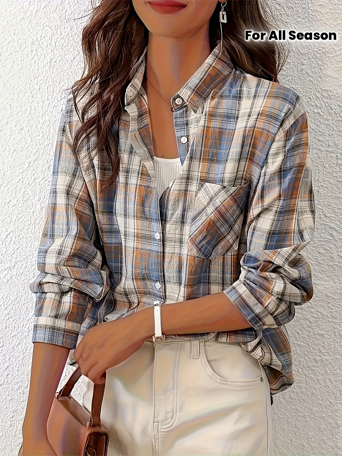elegantes damen-karomusterhemd - klassisches beige-braunes kariertes button-up-top, maschinenwaschbar, ganzjahres-freizeit- und formelle kleidung, lockerer, bequemer stoff, modische bürokleidung, leicht und bequem, vielseitig für verschiedene anlässe