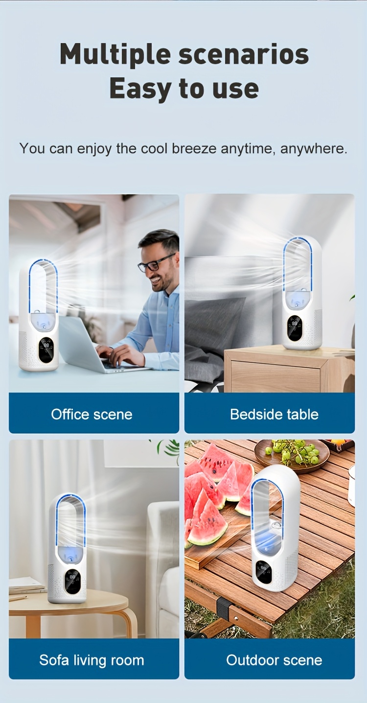 Multifunctional Bladeless Fan with Ice Mist Cooling, Fast Cooling, Automatic Timer, Wide-Angle Airflow, Brings a Comfortable Personal Experience, Personal Air Cooler | Bladeless Air Conditioner | Double-Layer Structure, Portable Cooling Fan