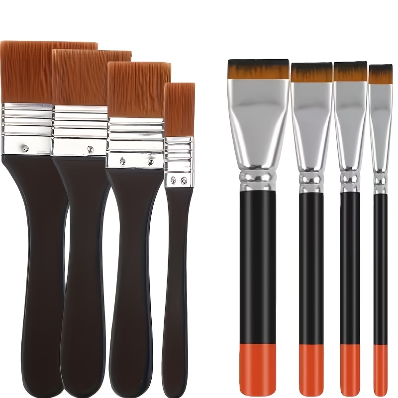 TEMU Set Of 8 High-quality Art Brushes - Professional Flat Nylon Bristles, Ergonomically Designed, Oil Painting, Black Handle With White Text, Great