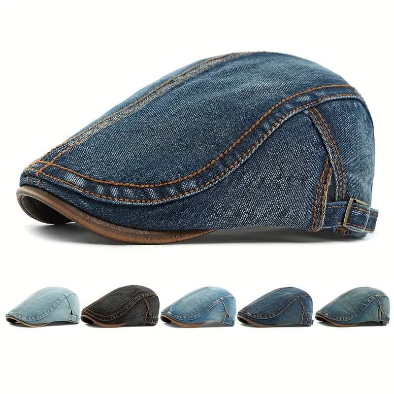 2025 nová vodou omytá denim beretka pro muže a ženy - vintage britský retro styl, ruční praní, neelastická velikost, tmavě modrá s oranžovou šitím, ležérní dopředný pohled, denim doplňky, módní doplňky, klasický styl, odolná tkanina 0