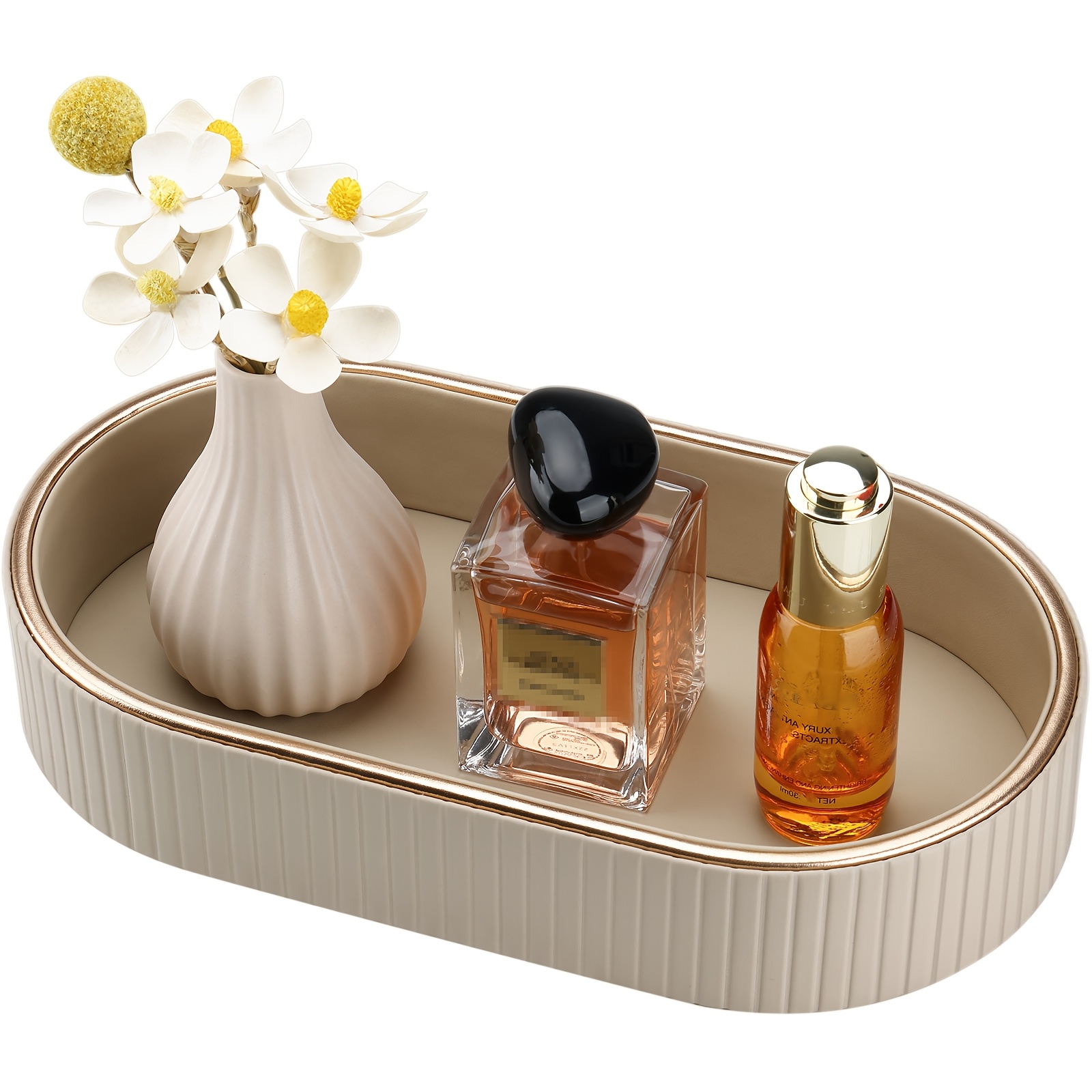 Image of Black Pu Leather Oval Storage Tray With Golden Edges, Vertical Stripe Desktop Organizer For Cosmetics And Jewelry, Non-food Contact