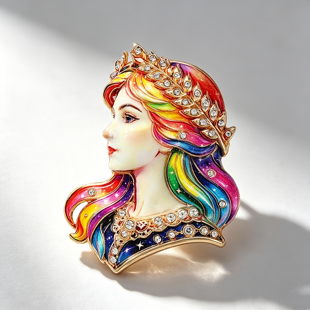 TEMU Rhinestone-encrusted Iridescent Long-haired Goddess Enamel Brooch, Glittery Glaze With Delicate Painted Pin Accessory, European Classical Oil