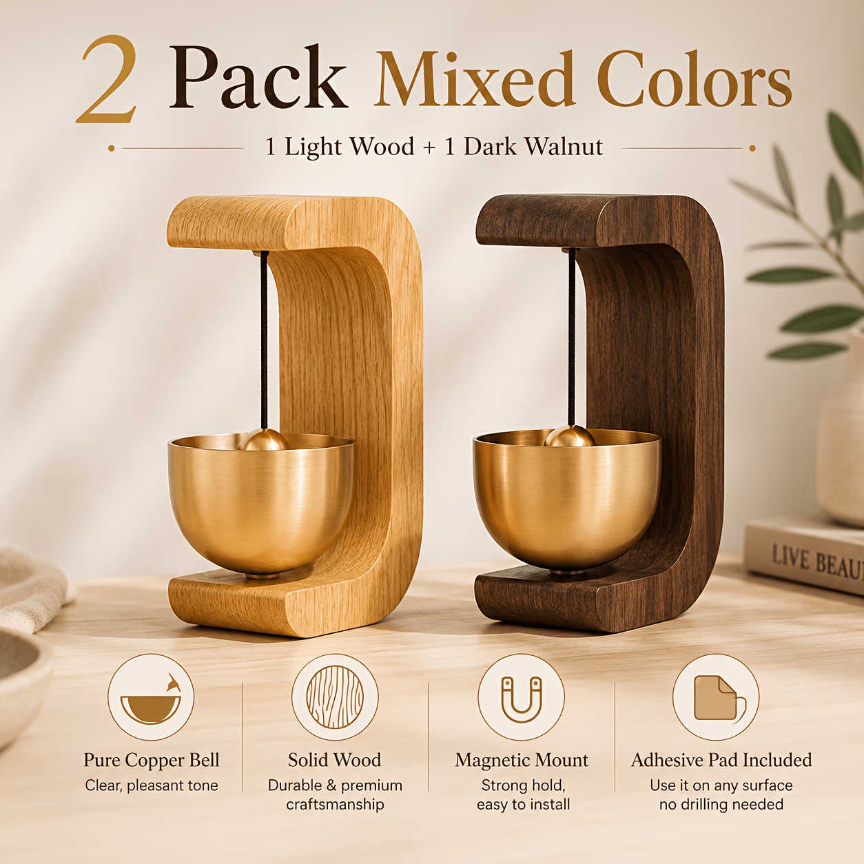 TEMU 2 Pack Solid Bell, Vintage Style Wall Mount Doorbell, Elegant Ring Bell For Front Door, Entryway, Bedroom, Decor Gift