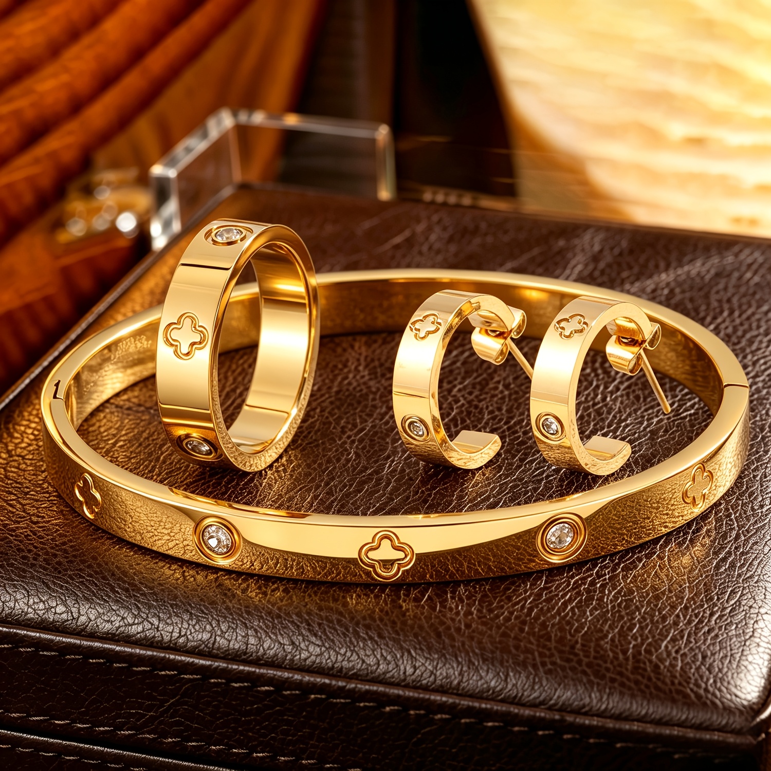 TEMU 4pcs 18k Golden Plated Elegant Fashion Bracelet Plus Earrings And Ring Unique Stainless Steel Jewelry Set Suitable For Women' Party Gift