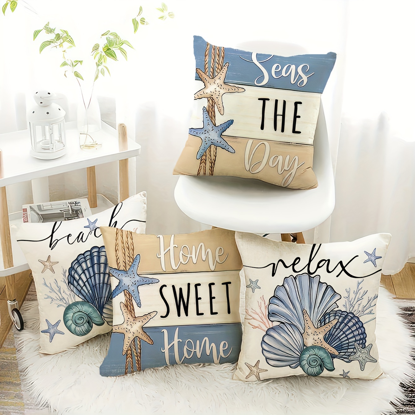 

Coastal Pillow Covers - 4 Pieces, , Single-sided Printing, 18in X 18in, Suitable For Sofa, Car, And Bed, Machine Washable, Zipper Closure, Knit Fabric, Polyester Cover