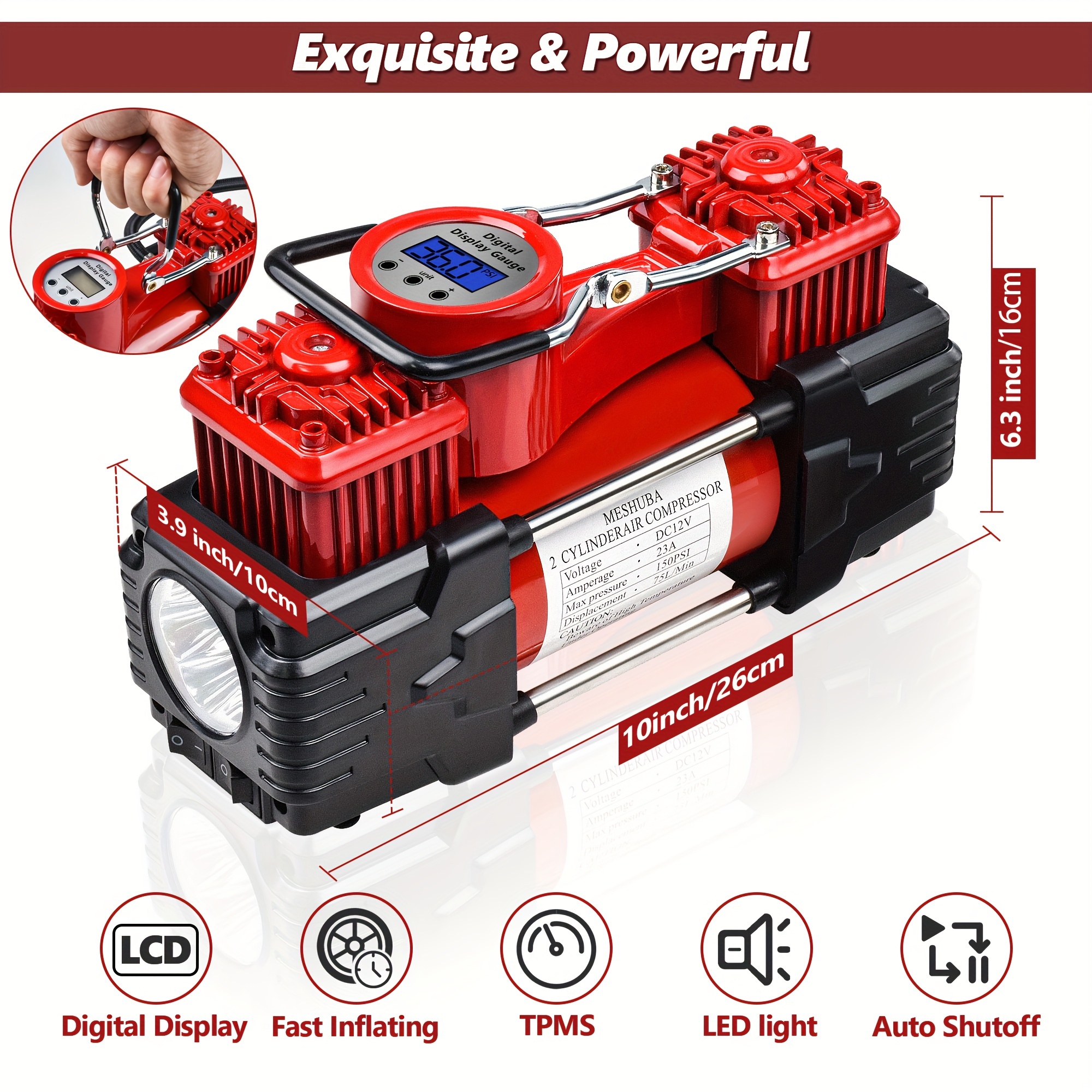 Portable Heavy Duty Dual Cylinder Air Pump Tire Inflator For Air