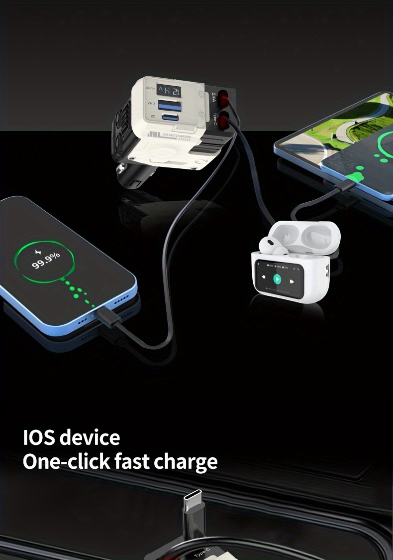 [Fast Car Charger] 120W 4-in-1 Retractable Fast Charging Car Charger - PD 3.0 Type-C Mobile Phone Charger For IPhone, Xiaomi, Huawei, Samsung Smartphone - Short Circuit Protection, Over Heat Protection, Over Voltage Protection, Over Charge Protection