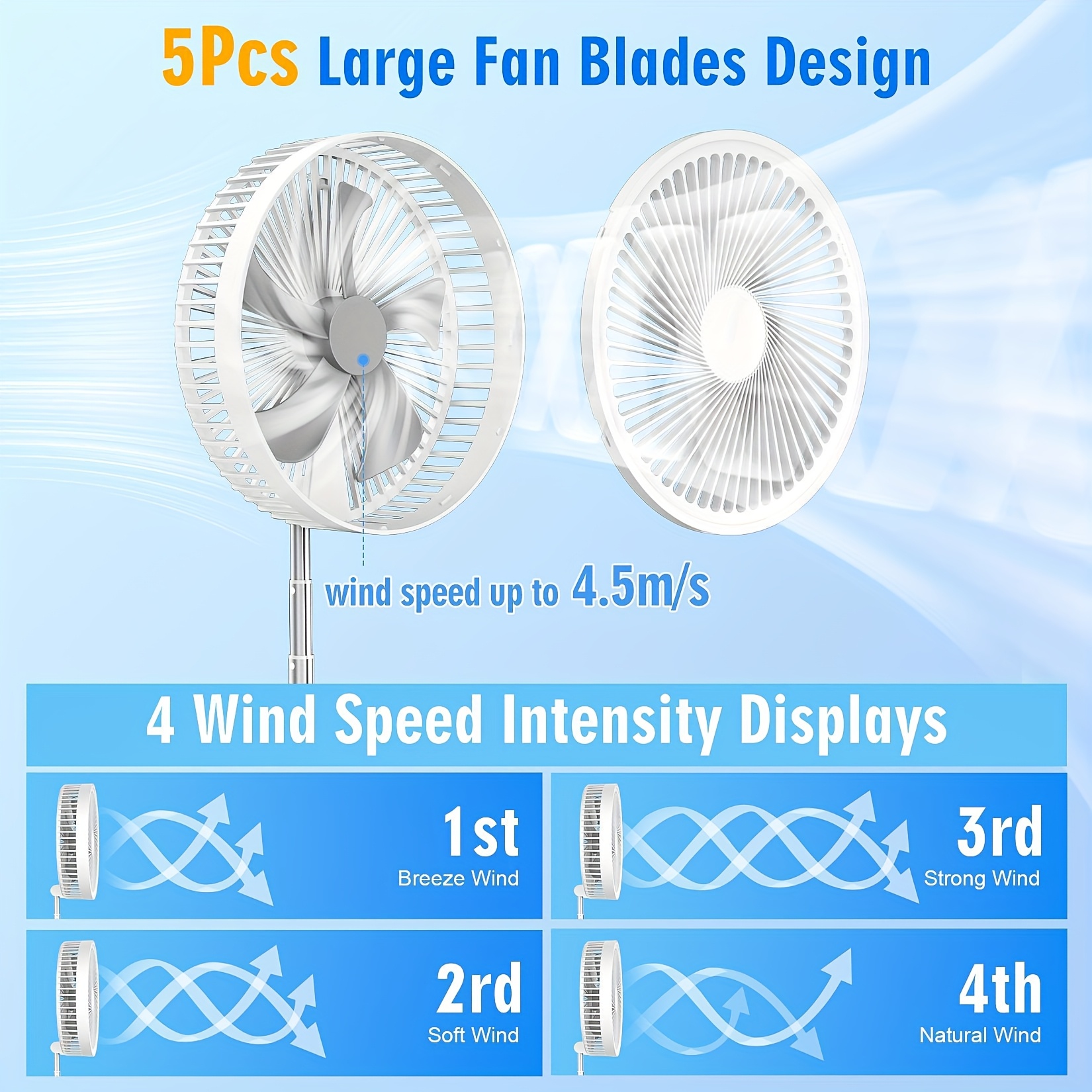 Foldable Standing Fan | Adjustable Height | Portable & Quiet | Detachable | 3 Wind Speeds | 8000mAh Battery | 1.5m Cable | Remote Control | Indoor & Outdoor Use