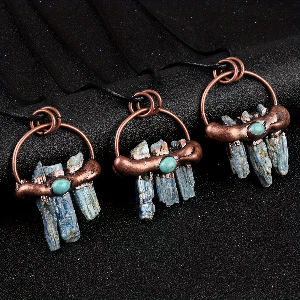 

1pc Natural Blue Kyanite Rough Stone Pendant With Copper Wrap, Vintage-inspired Irregular Crystal Charm For Diy Jewelry, Unisex Festival Gift Accessory