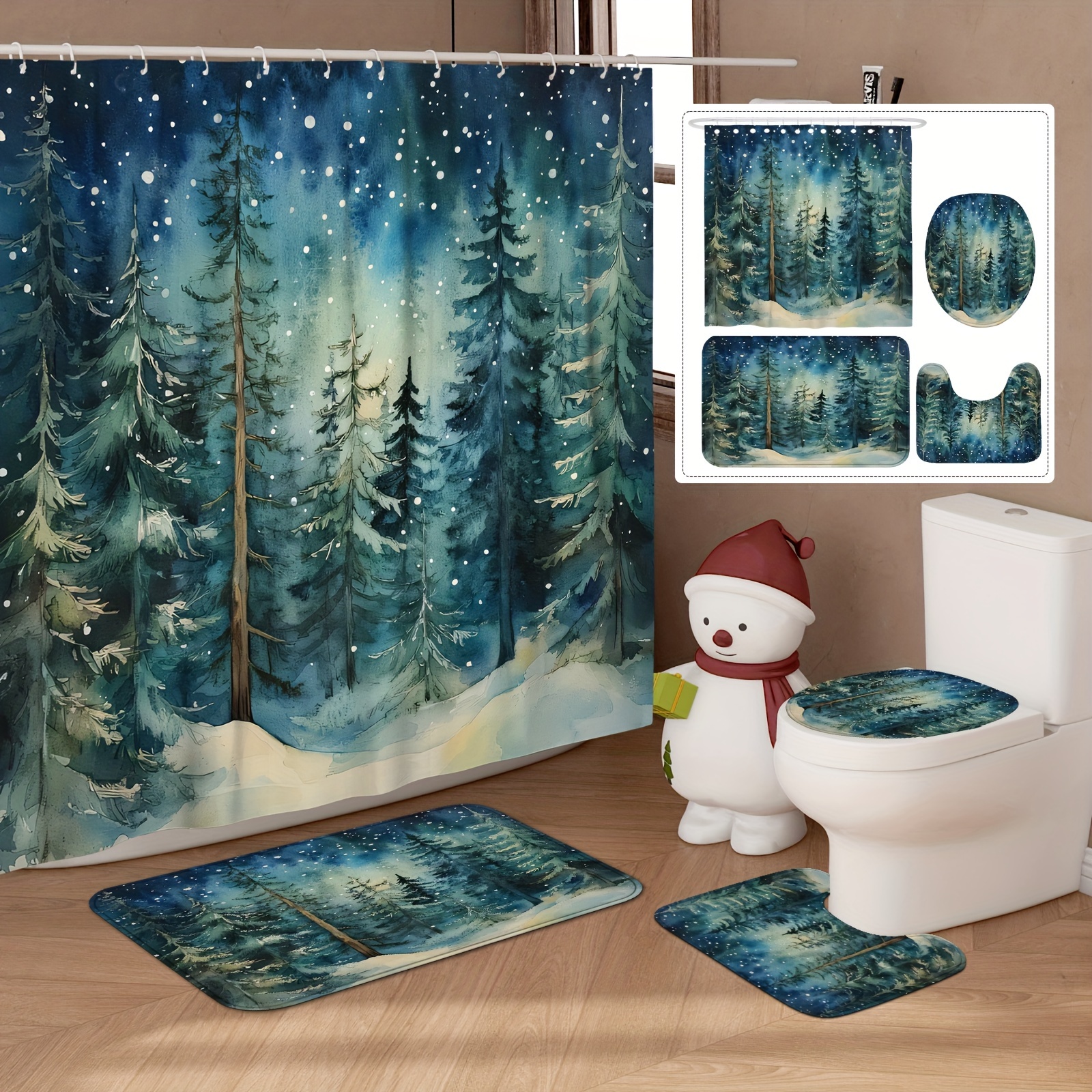 

Winter Forest Shower Curtain Set With Non-slip Bath Mat, U-shape Toilet Lid Cover, And Curtain Hooks - Water-resistant Polyester Christmas Tree Scene Bathroom Decor For All Seasons