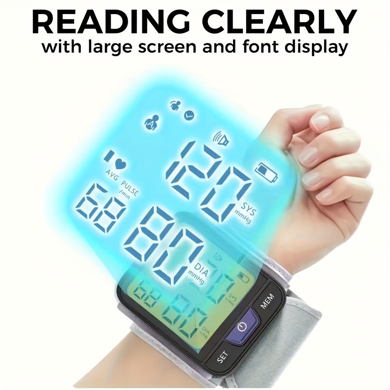   portable wrist blood pressure monitor with voice large tricolor display digital automatic cuff memory storage battery operated   carrying case batteries not included blood pressure monitor for home Product details 5