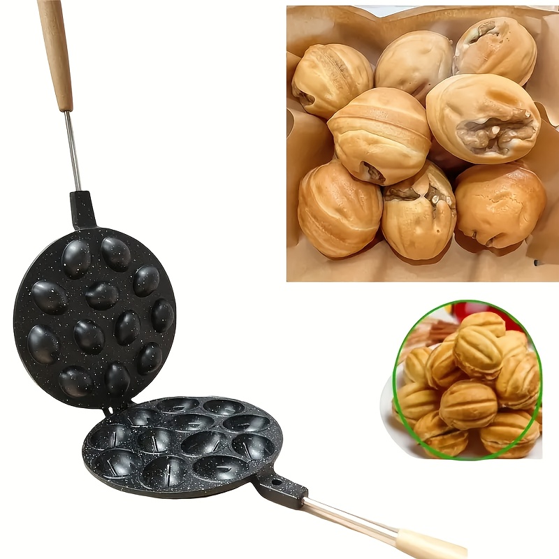 

12-cavity Pecan & Walnut Mold Pan With Wooden Handle - Egg , Cakes, And Pancakes - Aluminum Alloy, Ideal For Outdoor Cooking And Holiday Baking