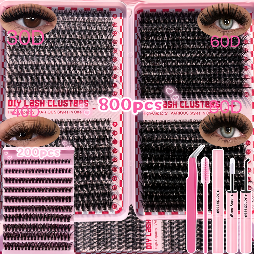 200 800pcs eyelash   kit with 2 in 1 bonding tweezers mascara brush 50d 30d40d 60d80d 9 16mm   beginners reuse at home easter rainbow festival christmas  