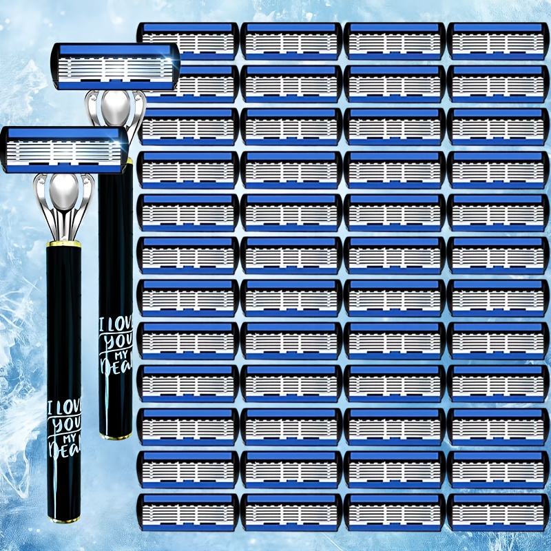Image of Men&; Steel 6-layer Blade Manual Safety Razor, 1 Set Includes 2 Handles And 48 Replacement , With 2 Lubrication Strips For Skin Care, Enjoy A Smooth Shaving Experience