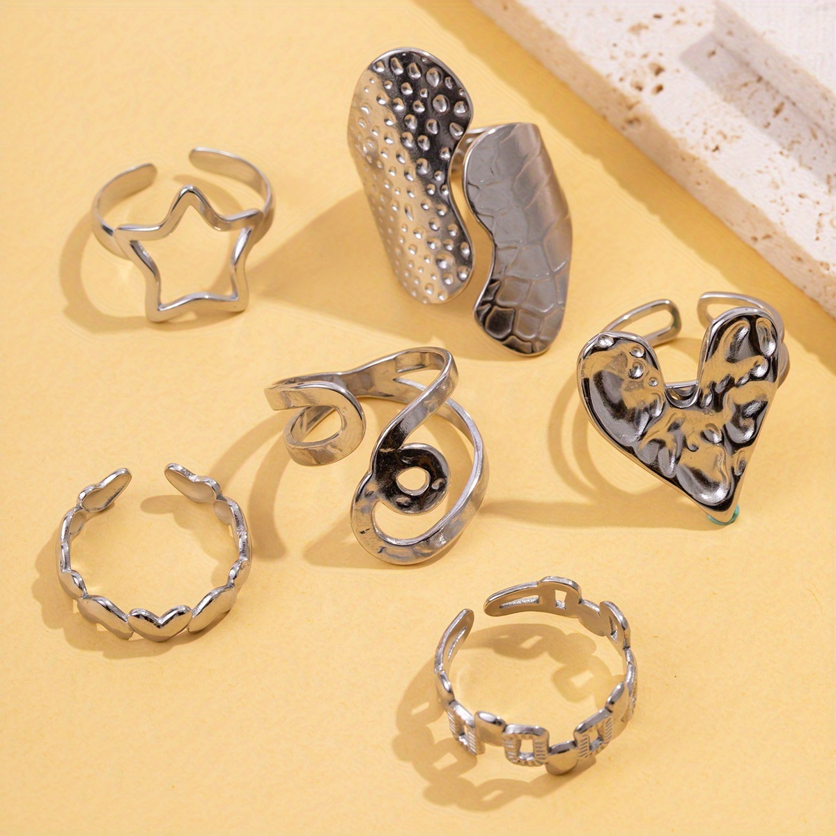 6pcs Minimalist Hollow Geometric Heart Stackable Rings