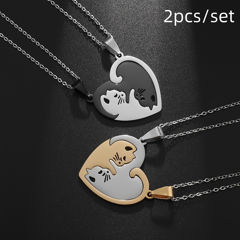 

2pcs/set Hot Hug Love Pet Cat Pairing Couple Necklace Fashion Stainless Steel Men Women Best Friend Bff Pendant Jewelry Gift