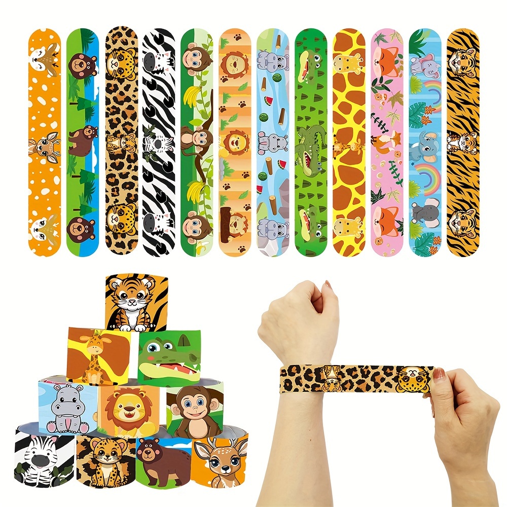 

12pcs Safari & Jungle Themed Slap Bracelets - Ideal For Party Favors, Classroom Prizes & Birthday Celebrations | Sturdy Plastic Wristbands For Young People 14+