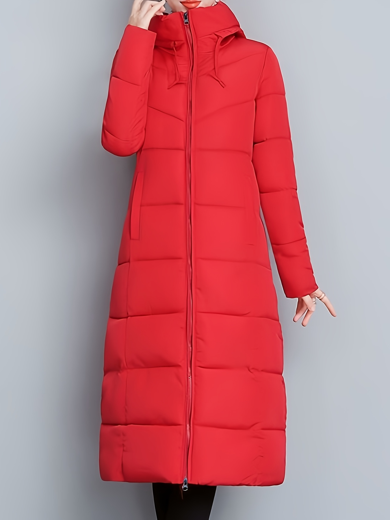 Women's Winter Thickened Long Red Coat Elegant Fit Over-the-Knee Length  Winter Coat with Zipper Front, 100% Polyester Machine-Washable Cold Wea