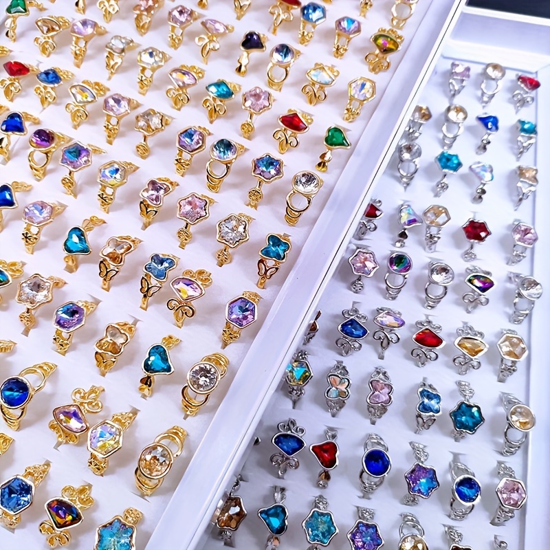 

10/30/50pcs Mixed Colorful Glass Crystal Gem Rings For Women Girls, Star Butterfly Glass Geometric Creative Design Gifts Costume Accessories Women Jewelry Accessories