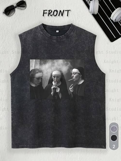 cartoon geometric printing new 230g heavy duty cotton washed camshoulder sleeveless tank top