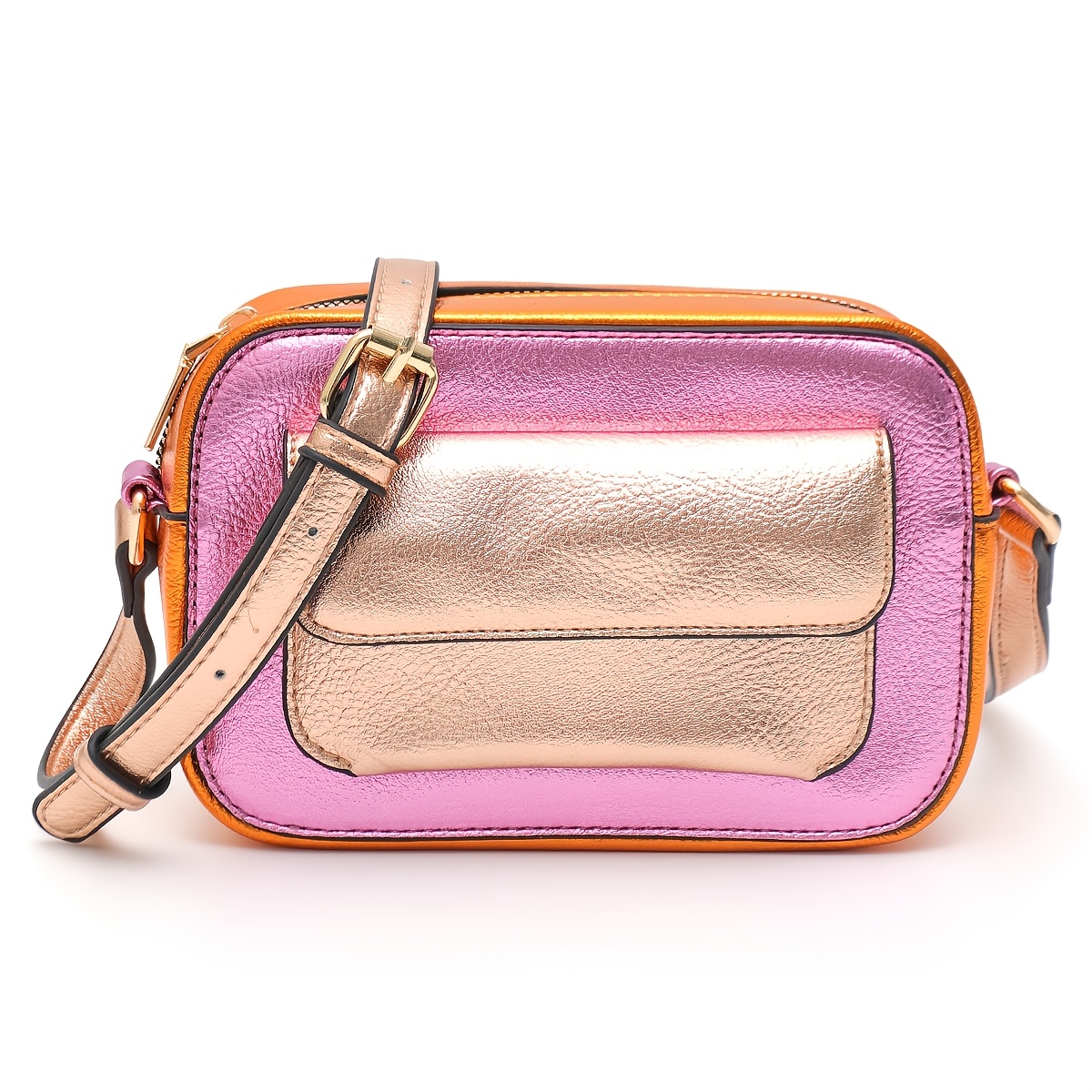 TEMU Women's Shoulder Bag Fashionable Metallic Pu Vegan Handbag Multiple Colors Magnetic Flap Pocket Main Zipper Closure Adjustable Long Strap Cross
