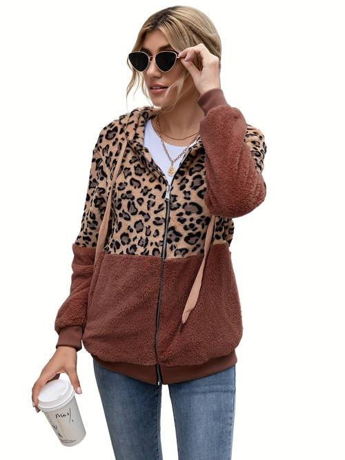 leopard pattern teddy jacket casual zip up drawstring hooded outerwear womens clothing