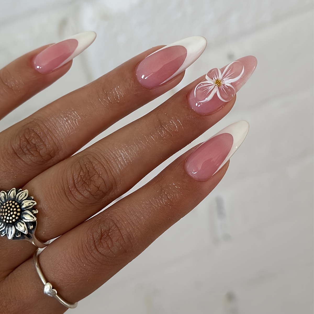 24pcs Luxury 3d Floral Press On Nails - Almond Shape With Realistic Flowers Design, Fake Nails For Women