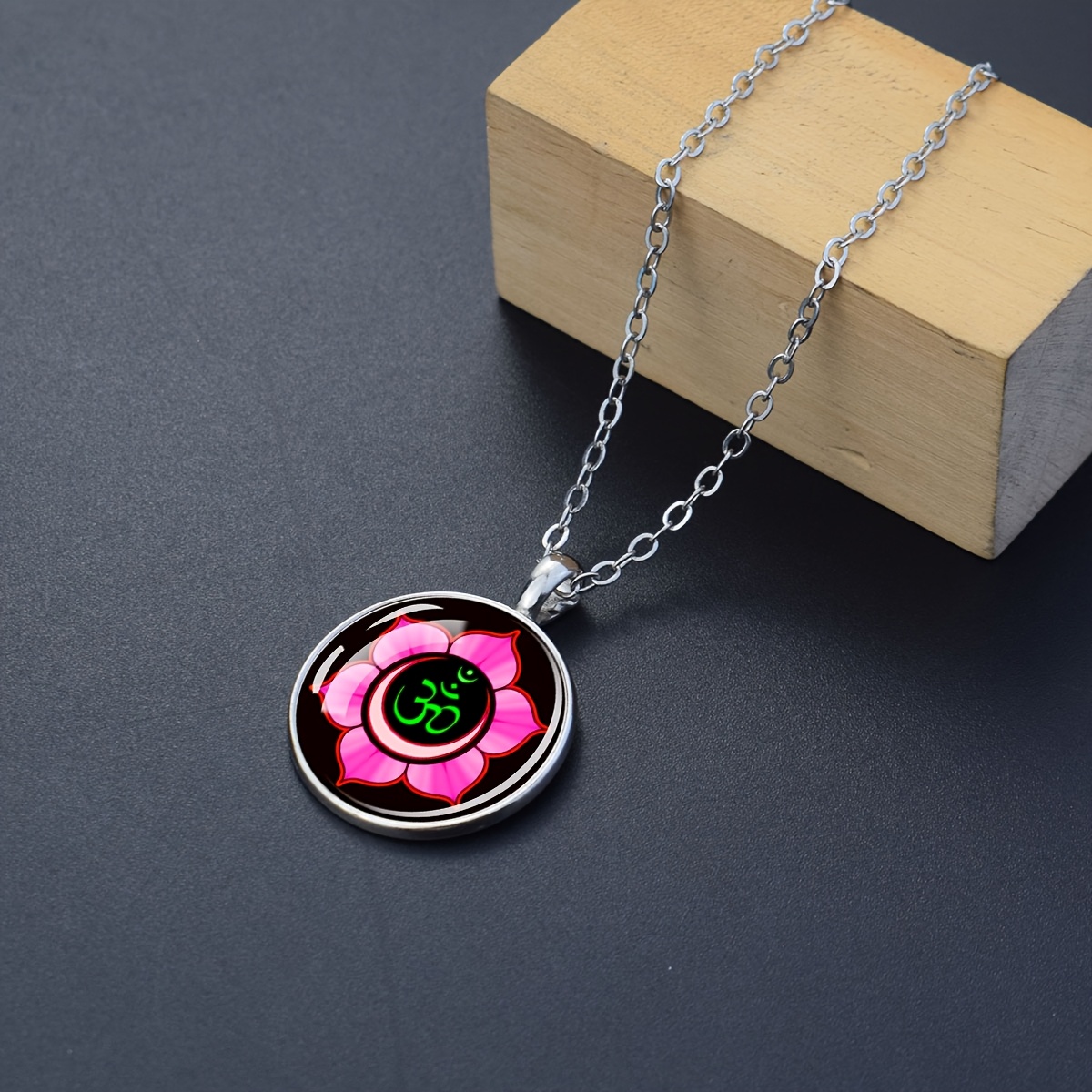 Lotus Flower OM Symbol Necklace, Glass Dome Design