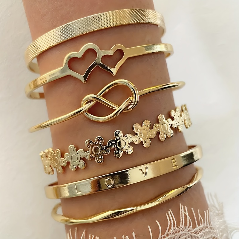 

6pcs/set Luxury Style Heart Flower Love Knotted Middle Bracelet Bangle Golden Color, Suitable For Daily Wear, Anniversary Gift