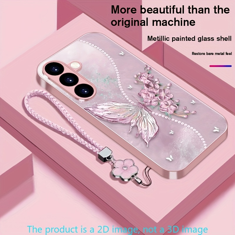 TEMU Phone Case - Floral Series Metallic Paint Glass Phone Case With Lanyard For For Galaxy