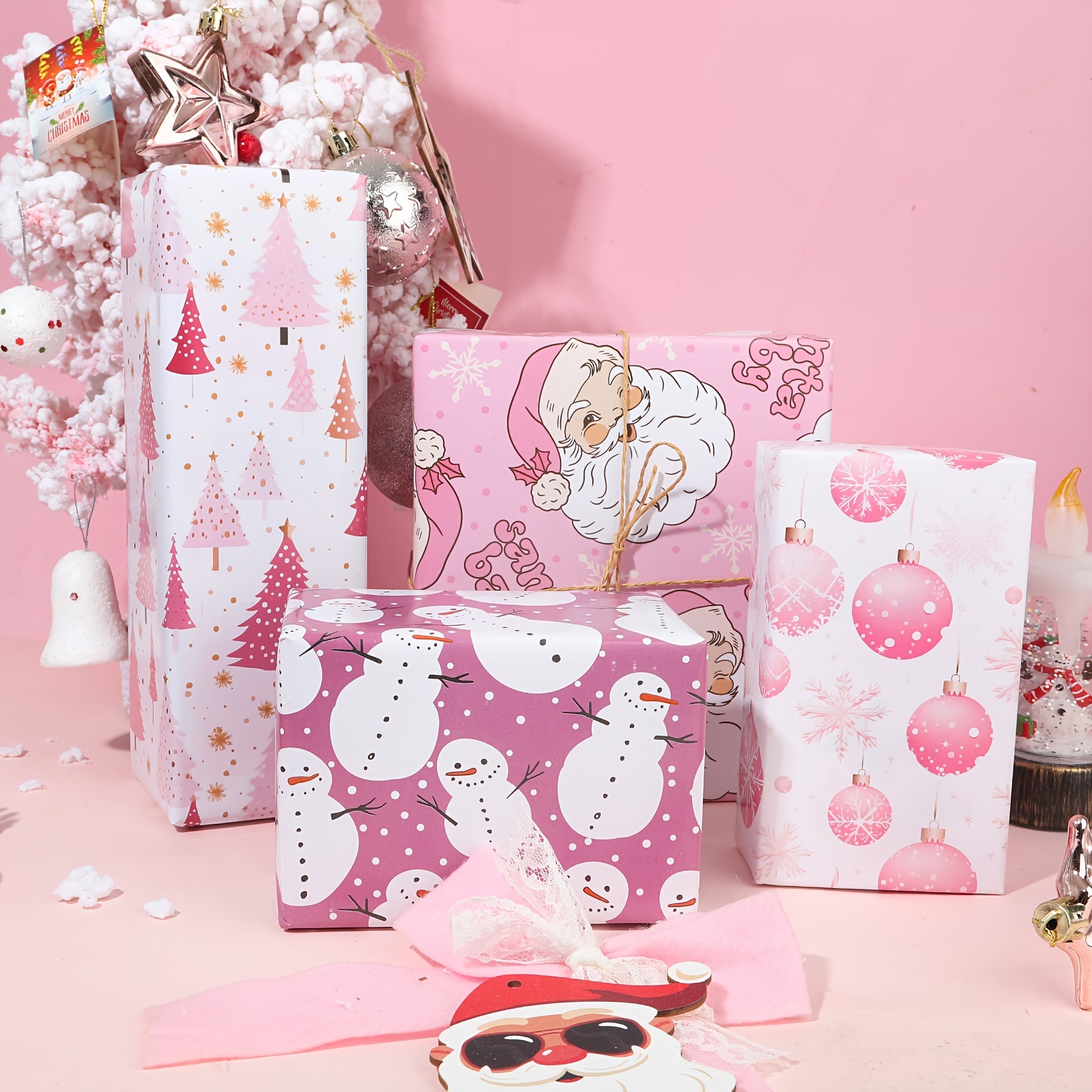 premium christmas gift wrapping paper set pink reindeer - Temu United Kingdom
