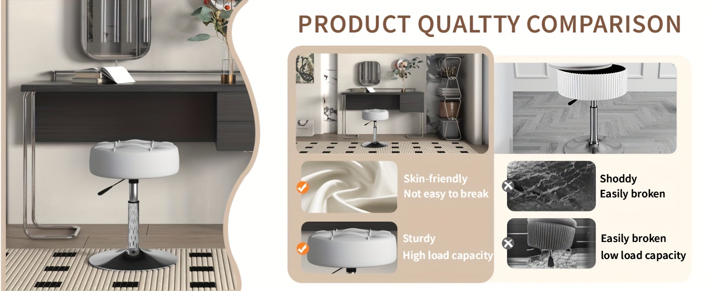 ACEQLYT Adjustable Vanity Stool, Faux Leather Vanity Chair For Makeup Room Bedroom, Round Makeup Chair Ottoman, Sturdy, Rust-Resistant And Easy To Assemble