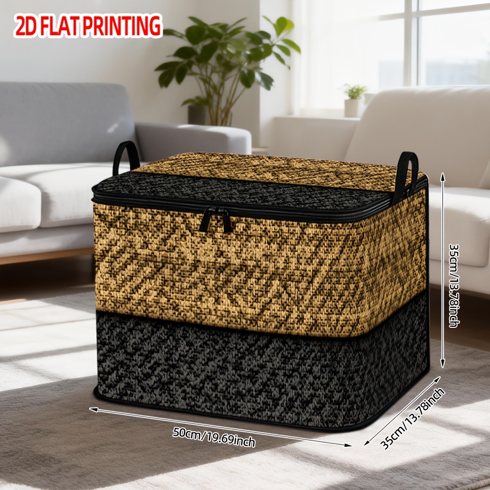 TEMU [2d Flat] 1pc Golden And Black Stripes Print Storage Basket With Lid | Large Rectangular Closet Organizer, Bedding And Seasonal Items Organizer,