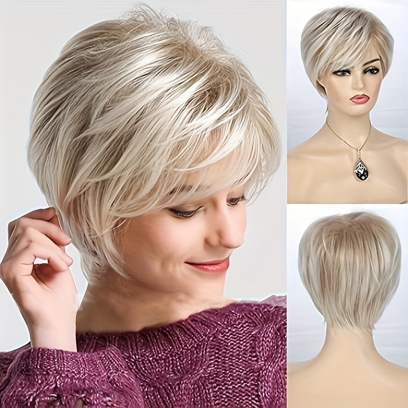 

1pc Elegant Short Blonde Ombre Bob Wig With Bangs For Women, Fiber, Cap, 150% Density, For , Work, And Parties