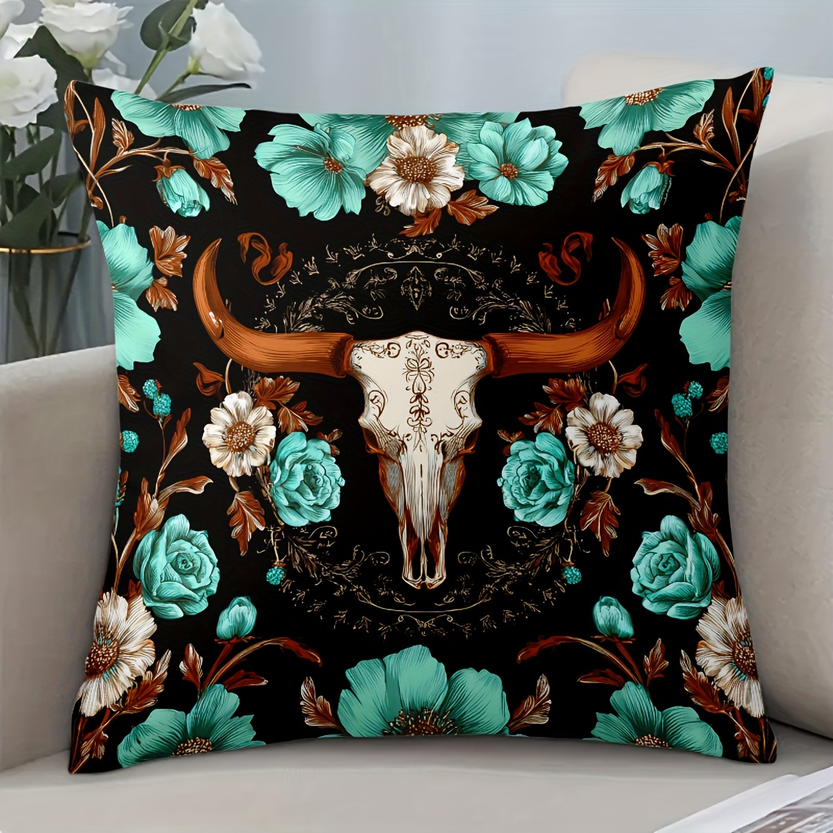 TEMU 1pc Of Style Decorative Pillow Cover - Featuring A Bull And Floral Pattern, With A Zipper Closure, In Turquoise/ Southwestern Design - Oversized