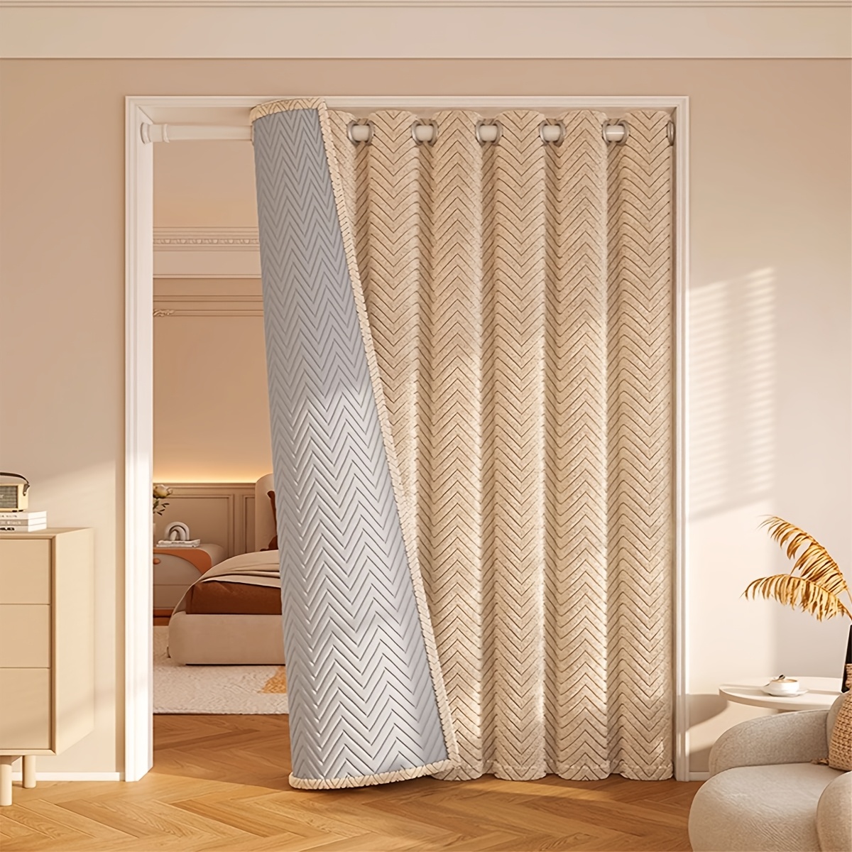TEMU 1 pièce Panneau de rideau chevron thermo-isolant - Rideau de porte matelassé et moderne avec œillets, convient pour escalier, entrée, couloir,