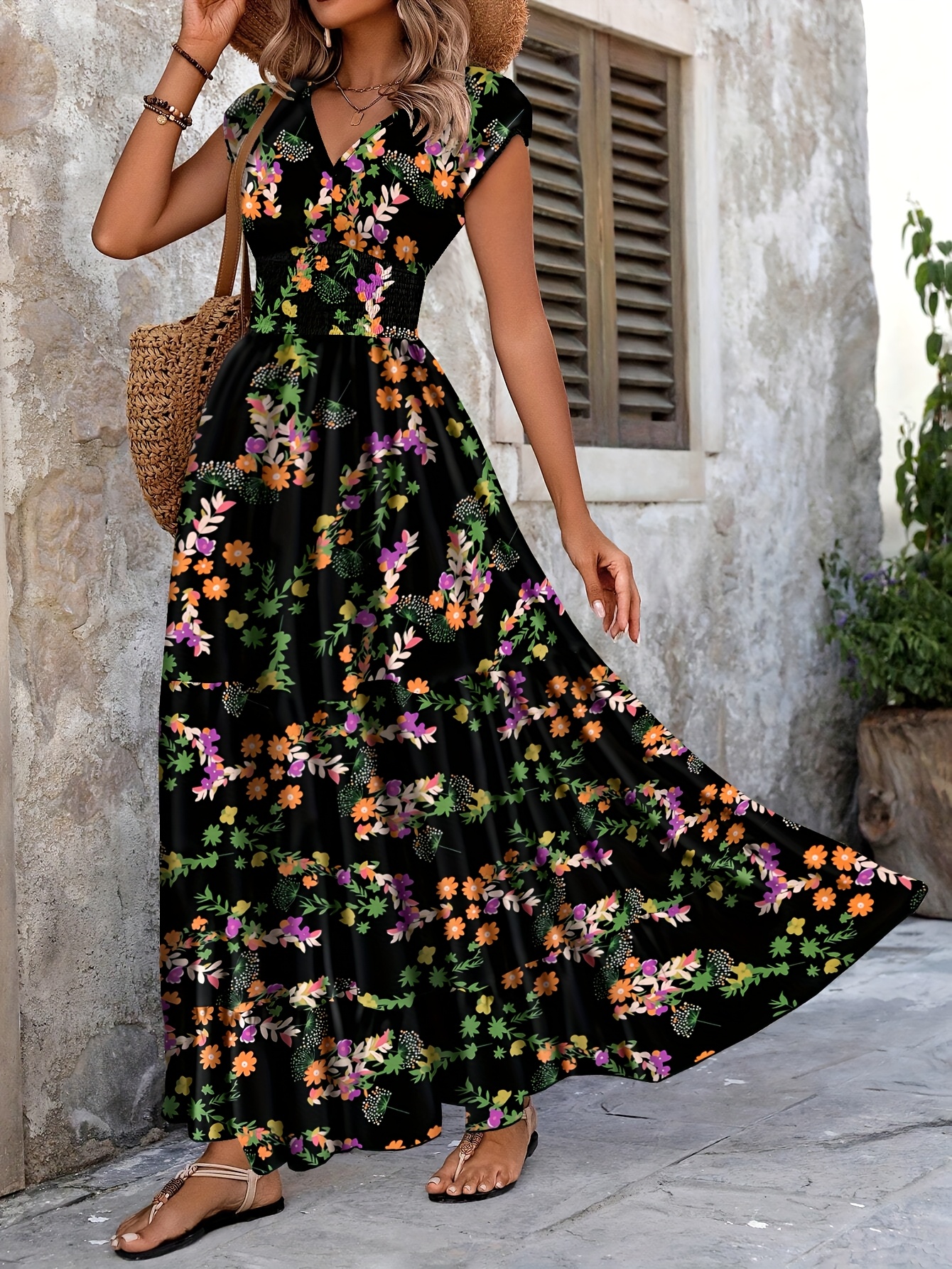 black dress for women FARM Rio Black Latin Roses 3d Flower Layered Maxi Dress, Latin Roses Black / XXS
