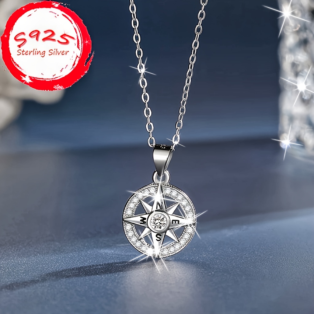 

Sterling Silver S925 Compass Pendant Necklace With Rhinestones, , Fashionable And Elegant Personalized Temperament, High-end Gift For Boyfriend, Trendy Style