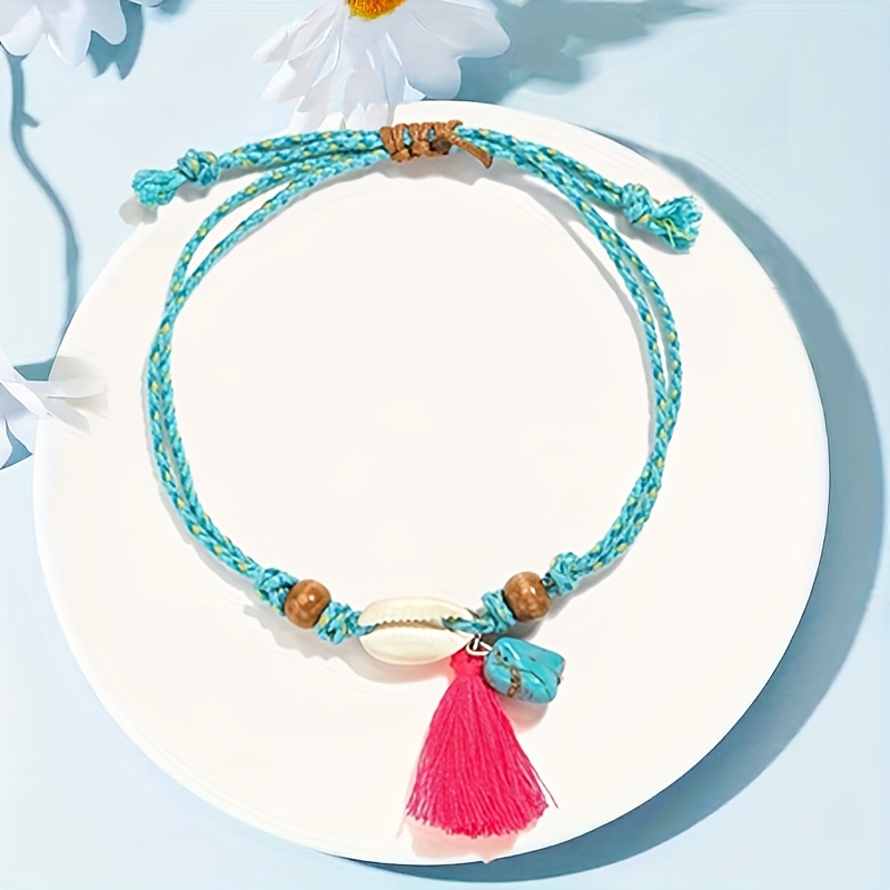 Women's Woven Anklet with Shell Tassel & Turquoise Pendant