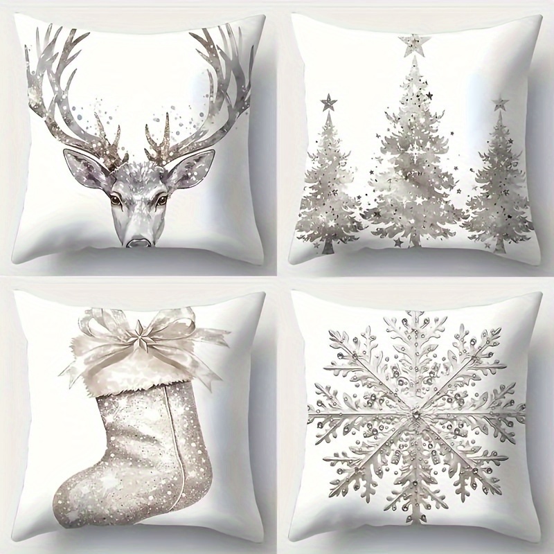 

4-piece Christmas Throw Pillow Covers Set - Style, Zipper Closure, Woven Polyester, Machine Washable, Soft Comfortable Fabric With Deer, Christmas Stocking, And For Various Room Types