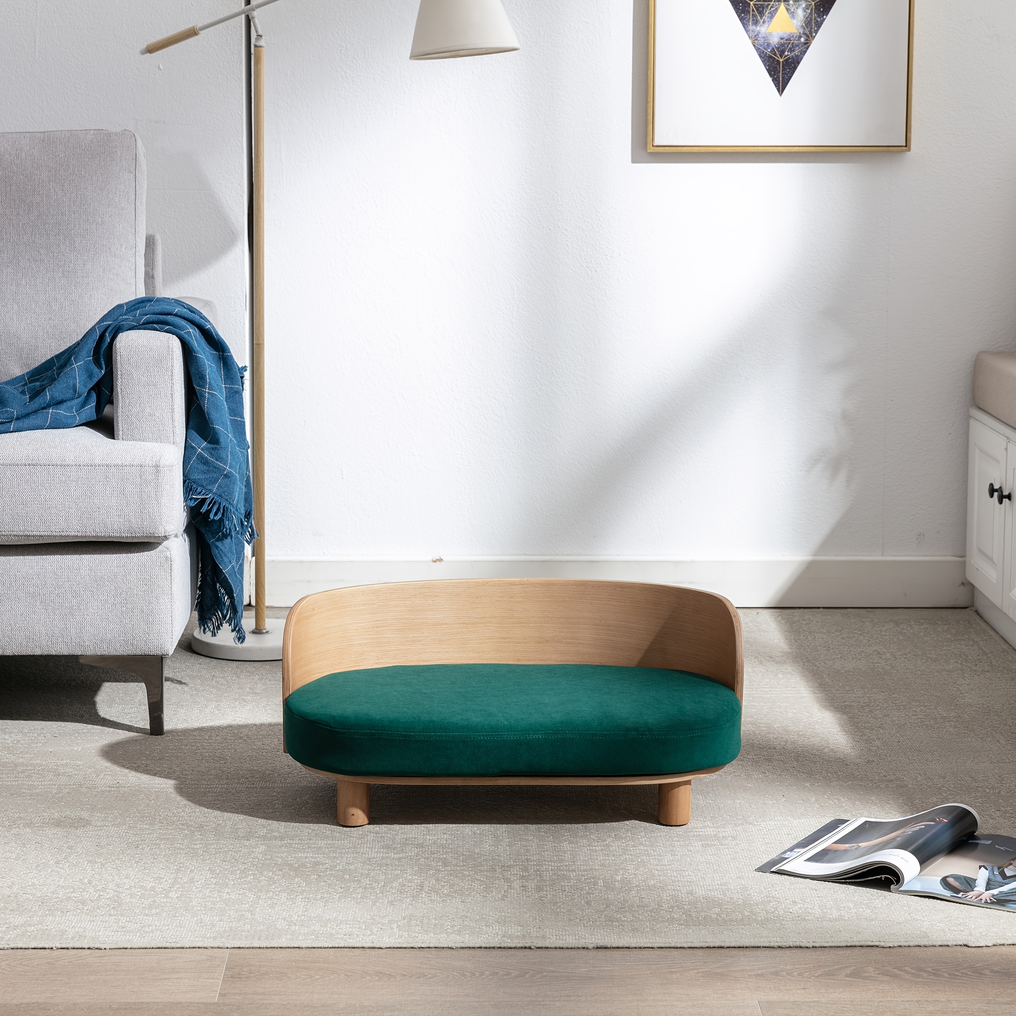 yggn pet sofa bed with walnut wood legs curved backrest scratch resistant anti slip dog bed easy assembly modern hardwood furniture for small medium dogs living room bedroom decor elegant pet furniture velvetlike fabric Product details 0