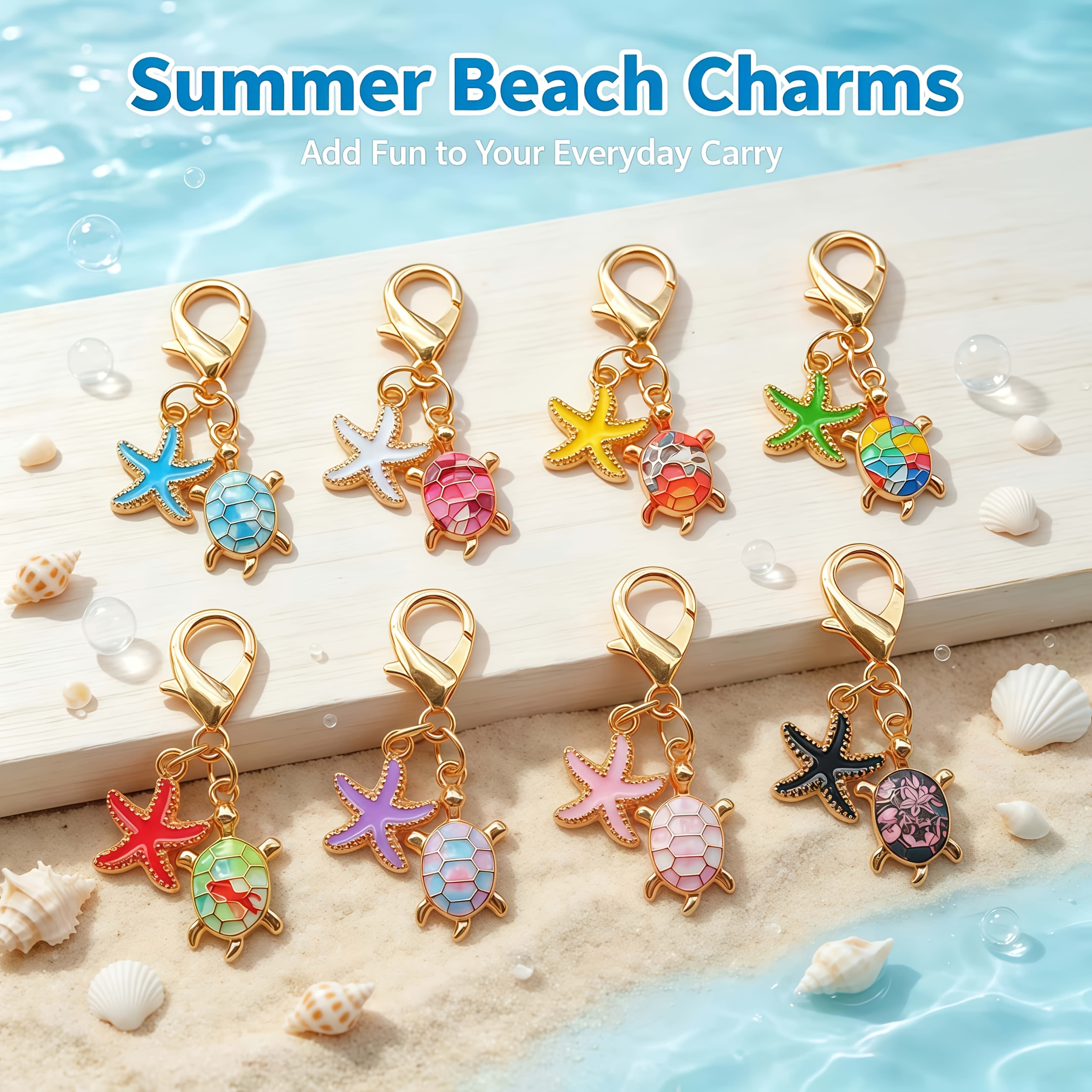 TEMU 8pcs Turtle And Starfish Keychain Set, Emotional Support Gift, The Best Present For Turtle Lovers, Shiny Marine Animal Pendants. Beach Trips,