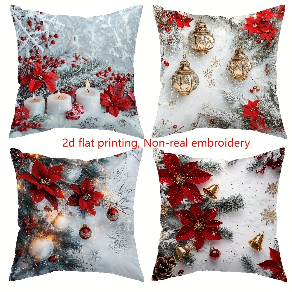 TEMU 4 piezas, Impresión 2D, Bordado no realista, Tema navideño. fundas de cojín con flores navideñas, velas y decoraciones. Con medidas de 17.72 por