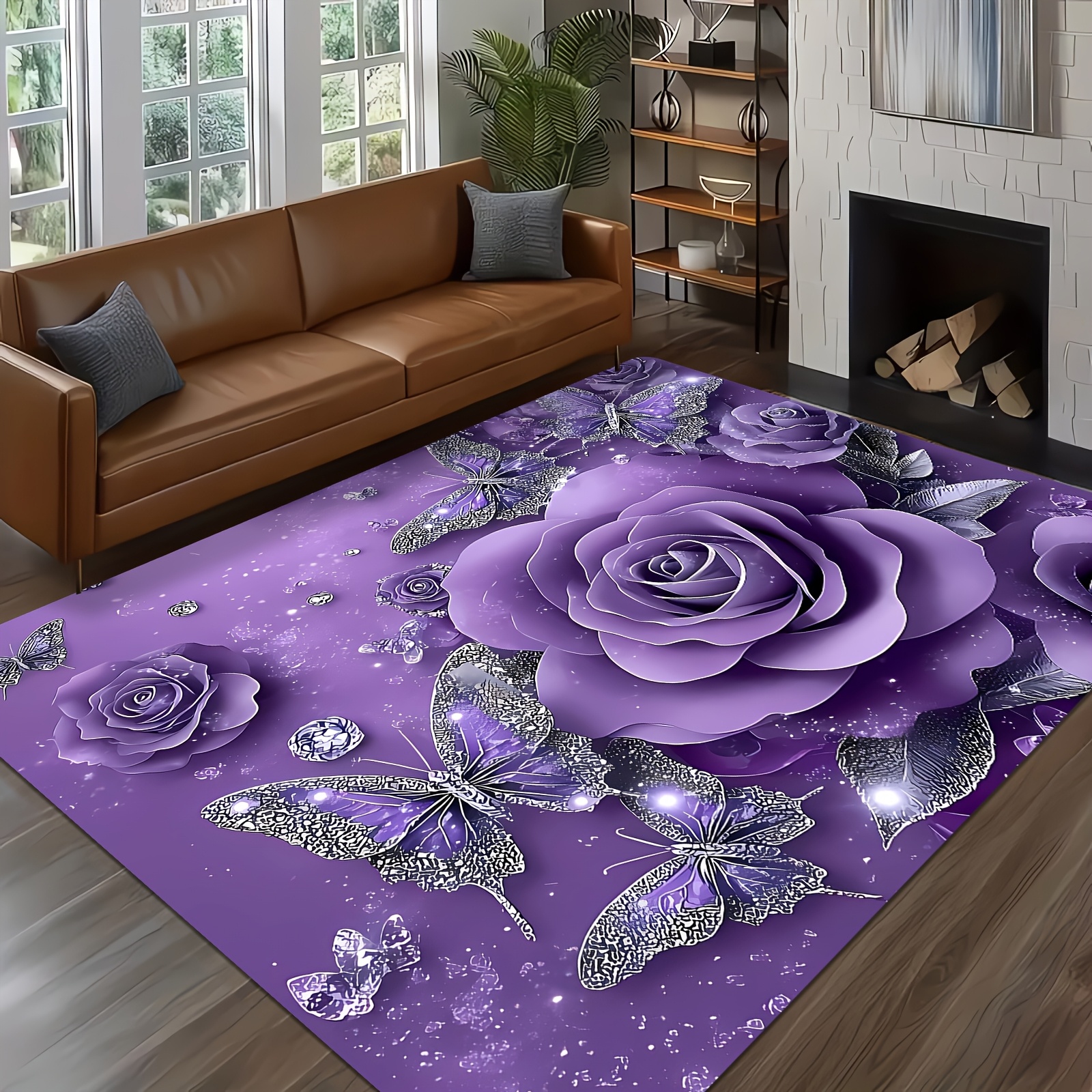 TEMU 1 Stück Rosen-Teppich für Eingangsbereich, Wohnzimmer, Schlafzimmer – Weicher, maschinenwaschbarer Teppich mit Rosenmuster, kompakte rechteckige